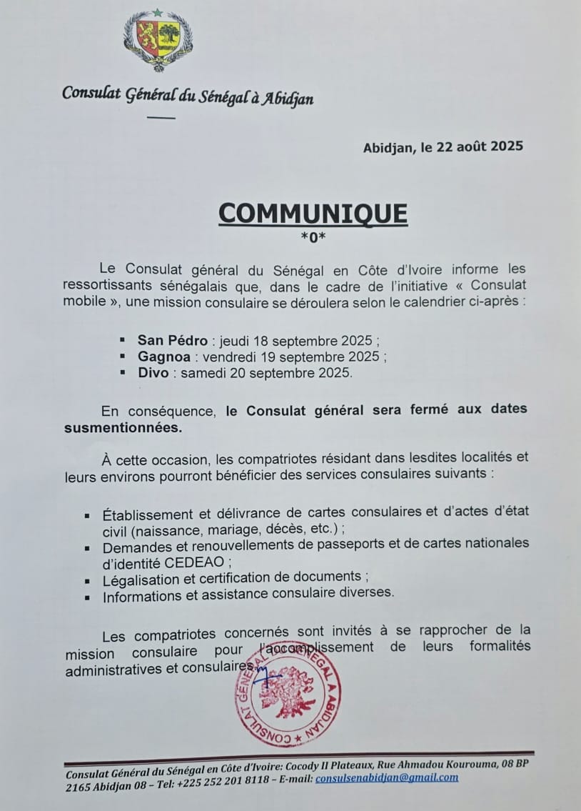 Mission consulaire mobile : San Pédro, Gagnoa et Divo – septembre 2025