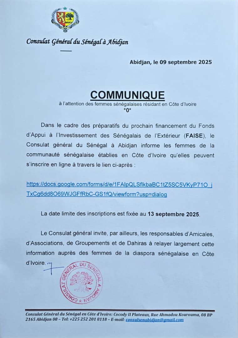 Appel à inscriptions des femmes sénégalaises en Côte d’Ivoire pour le financement du FAISE